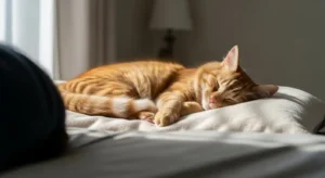 cat sleeps on pillow above my head